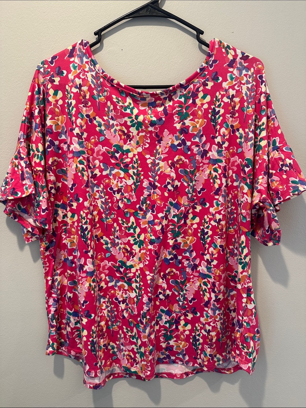 Bright Pink Floral Short-Sleeve Blouse with Ruffle Sleeves